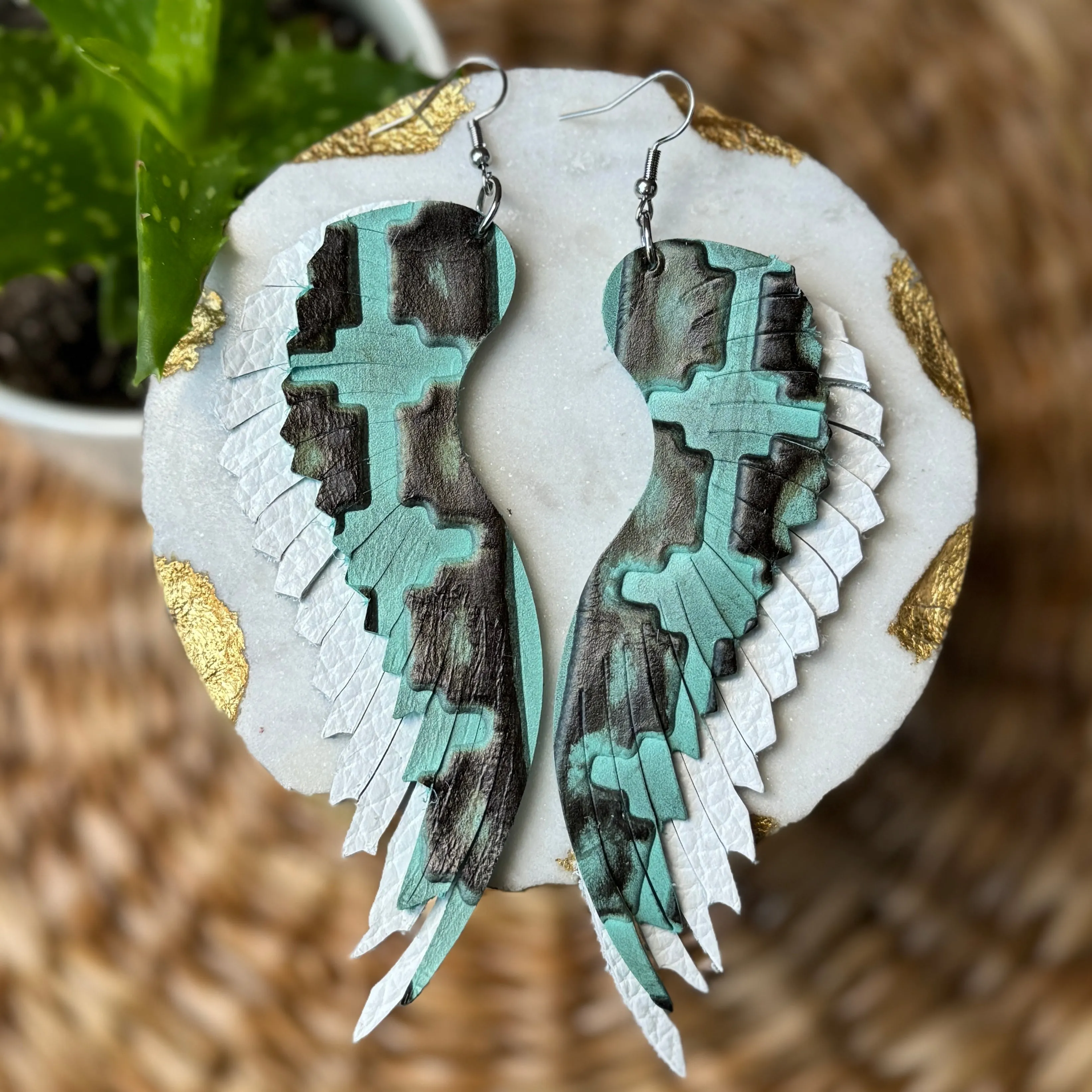 Angelica Angel Wings - Turquoise + White - Leather Earrings