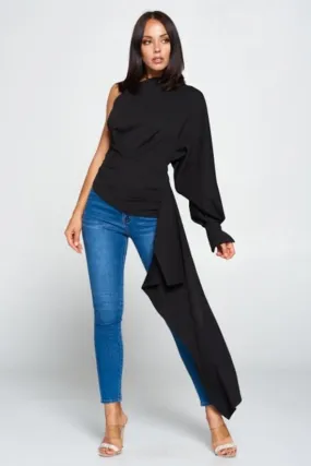 Black One Balloon Sleeve Cut-Out Top