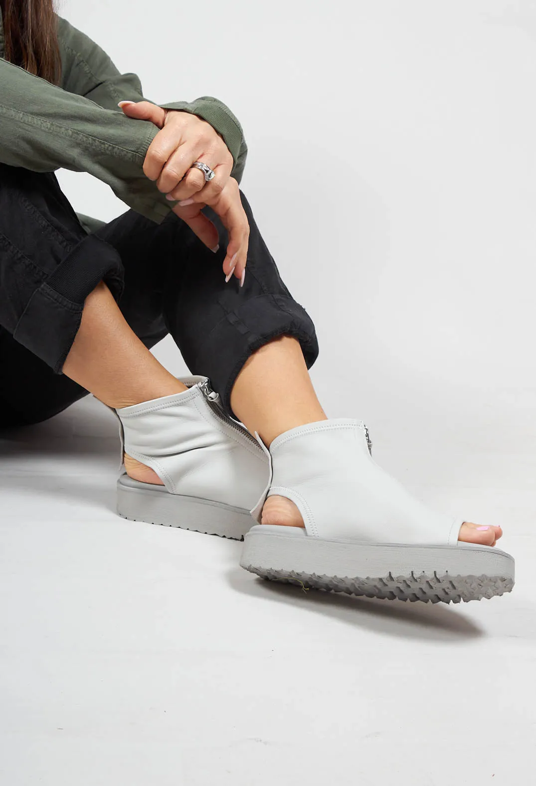 Chunky Sole Sandal with Cut Outs in Light Grey