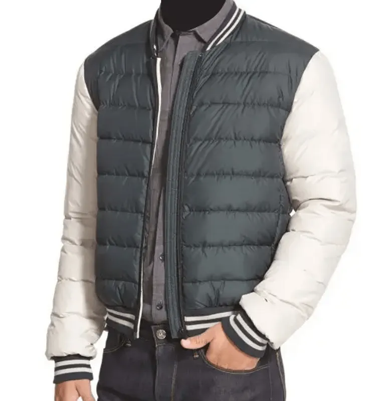 Gray and White Varsity Bomber Puffer Jacket | The Puffer jackets