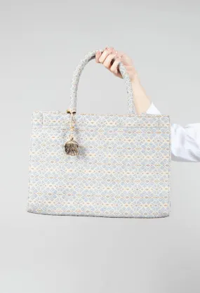 Large Tote Bag with Flower Print in Steel Grey