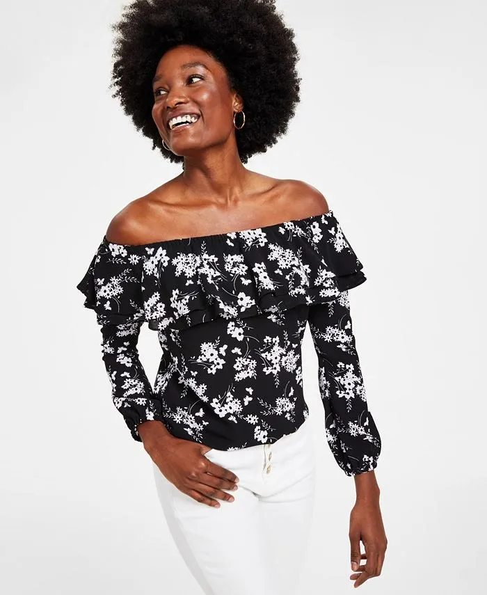 Michael Kors Women's Botanical Print Off The Shoulder Top Black Size 3X