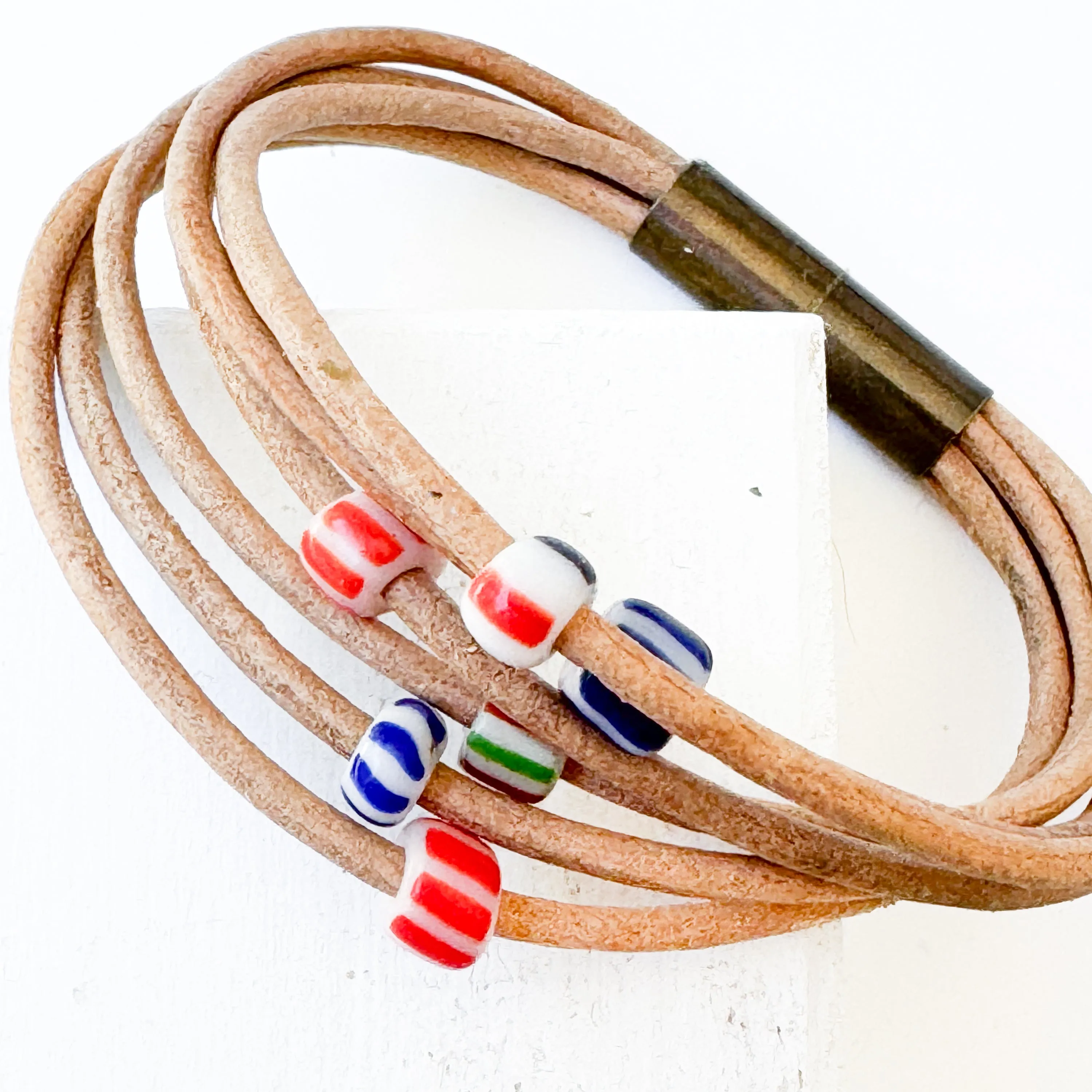 Natural Leather Bracelet with Tiny Fair Trade Chevron Beads - WS