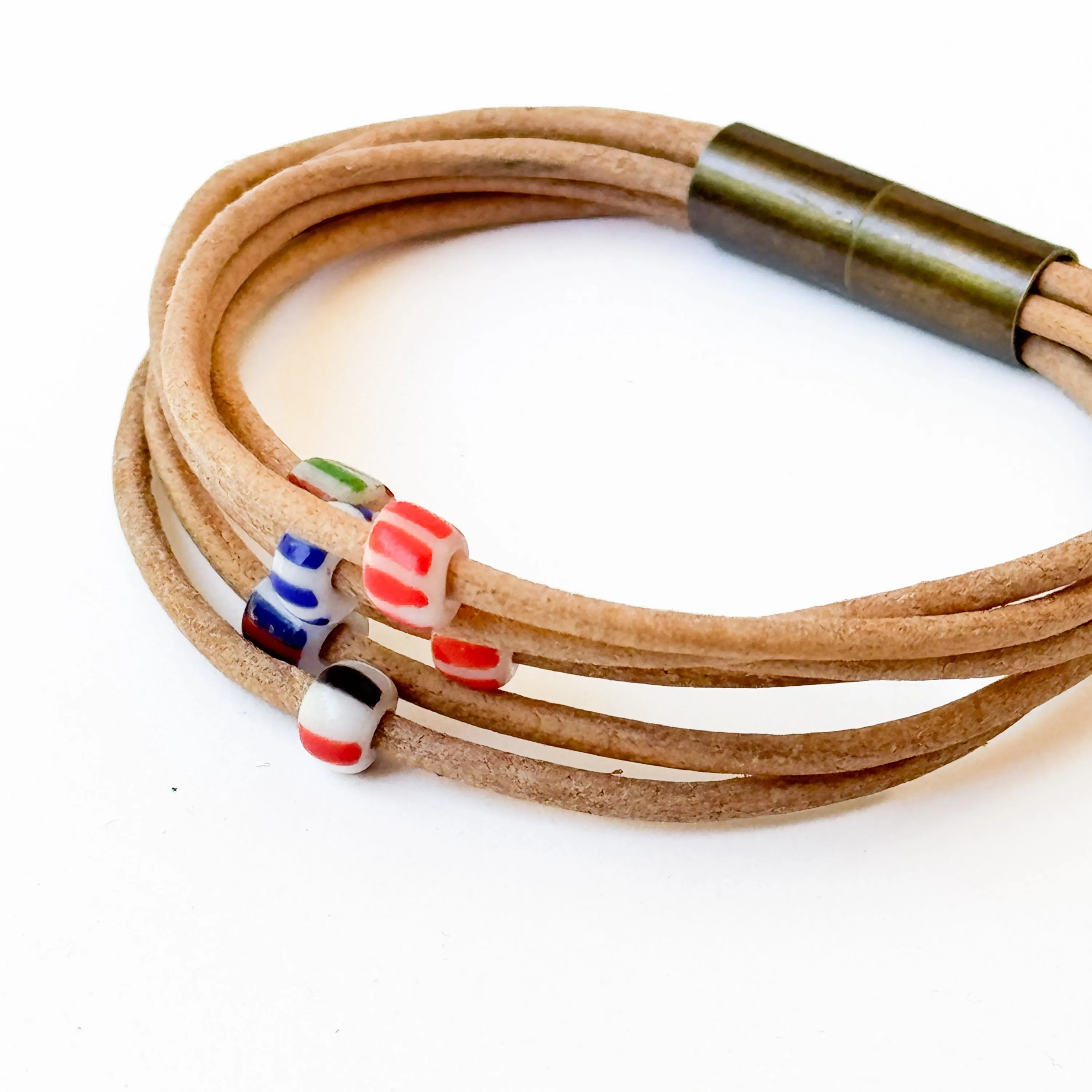 Natural Leather Bracelet with Tiny Fair Trade Chevron Beads - WS