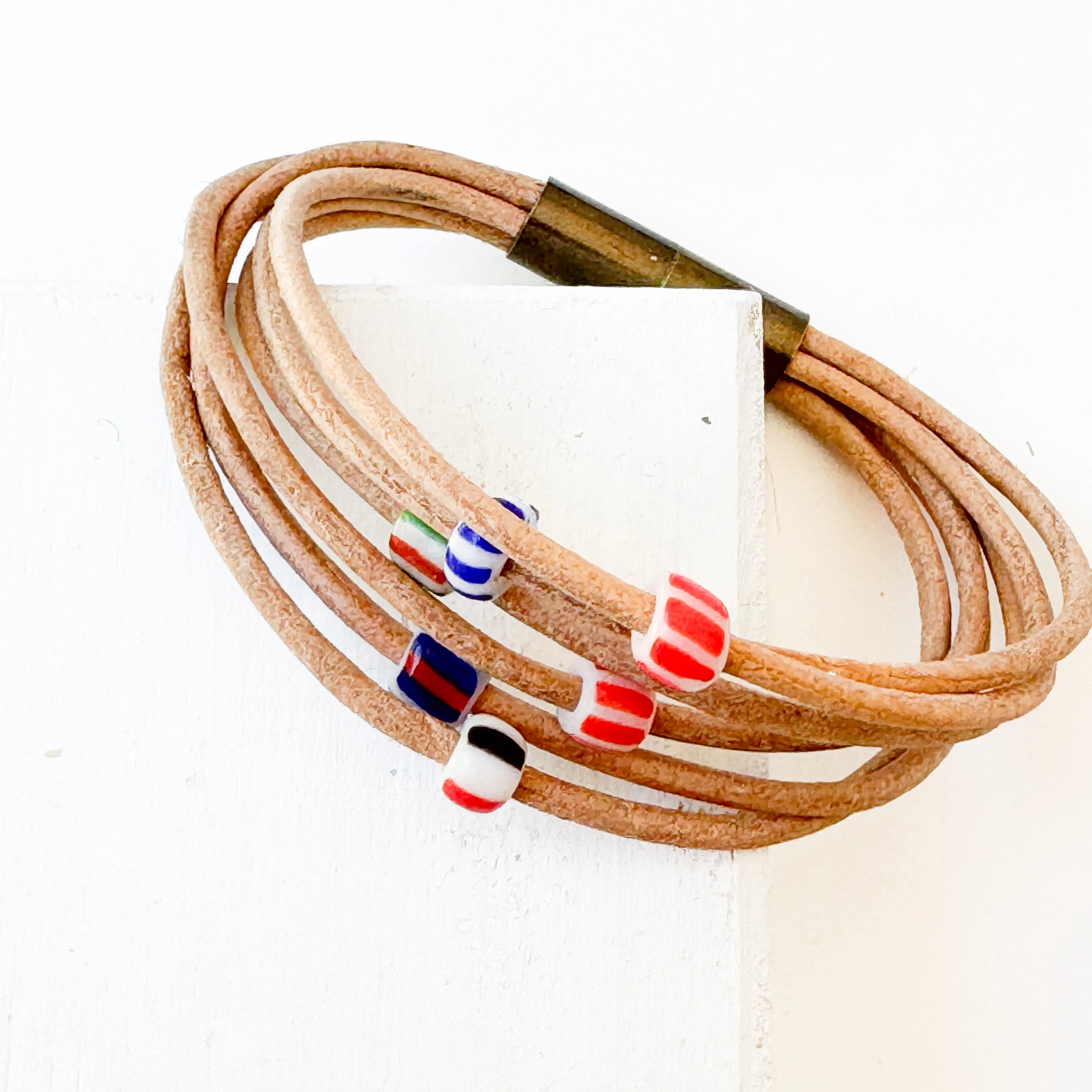 Natural Leather Bracelet with Tiny Fair Trade Chevron Beads - WS