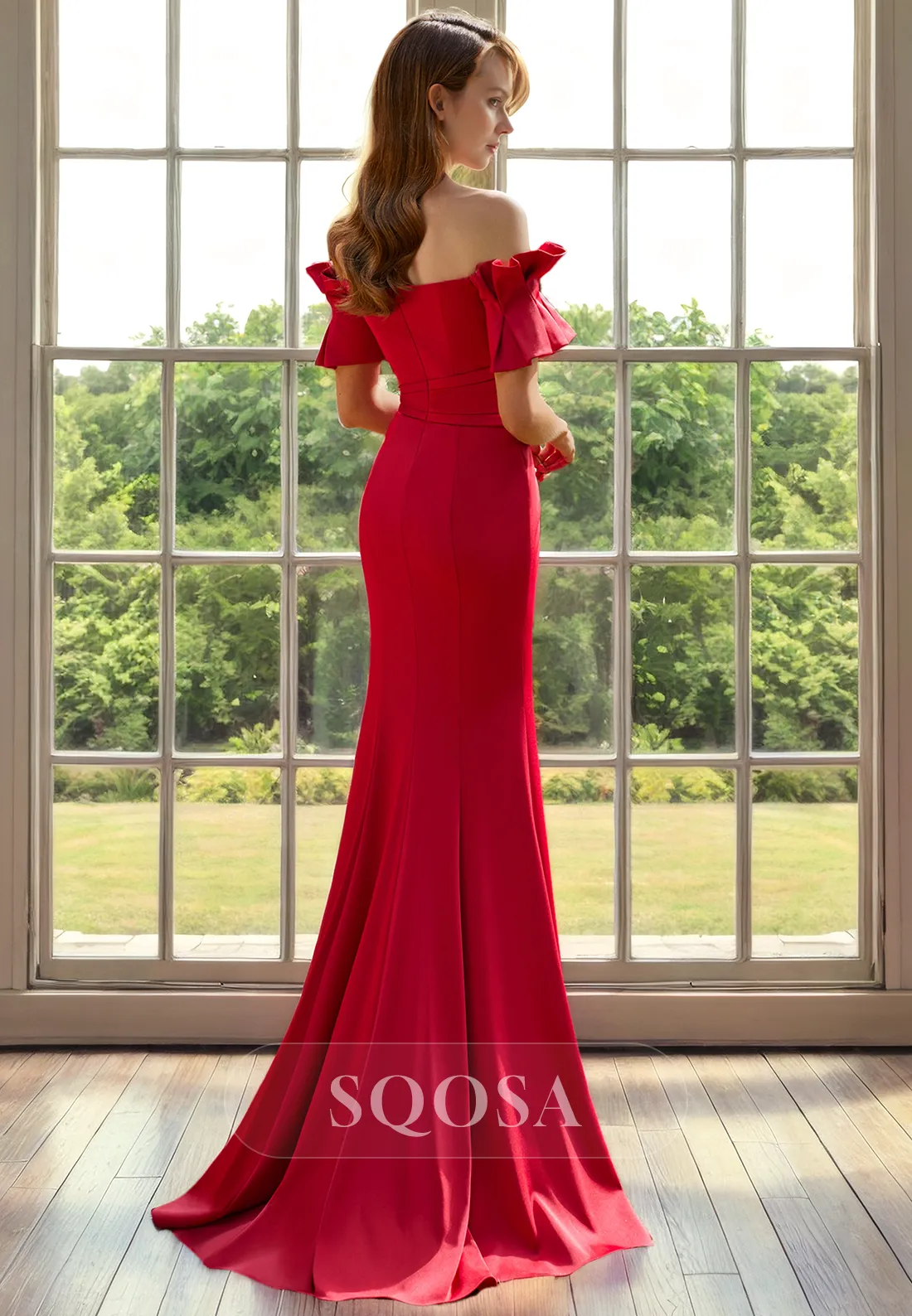 Off Shoulder Satin Pleats Red Mermaid Mother of the Bride Dress Long Cocktail Dress