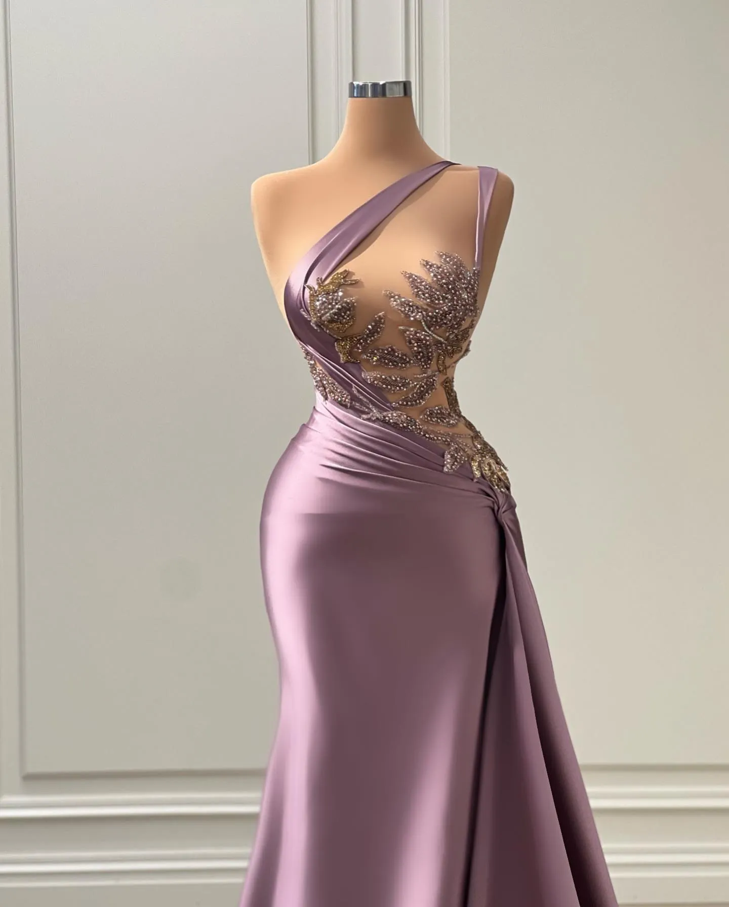 One shoulder Illusion Beaded Sweep Train Purple Long Prom Evening Dress QP3135