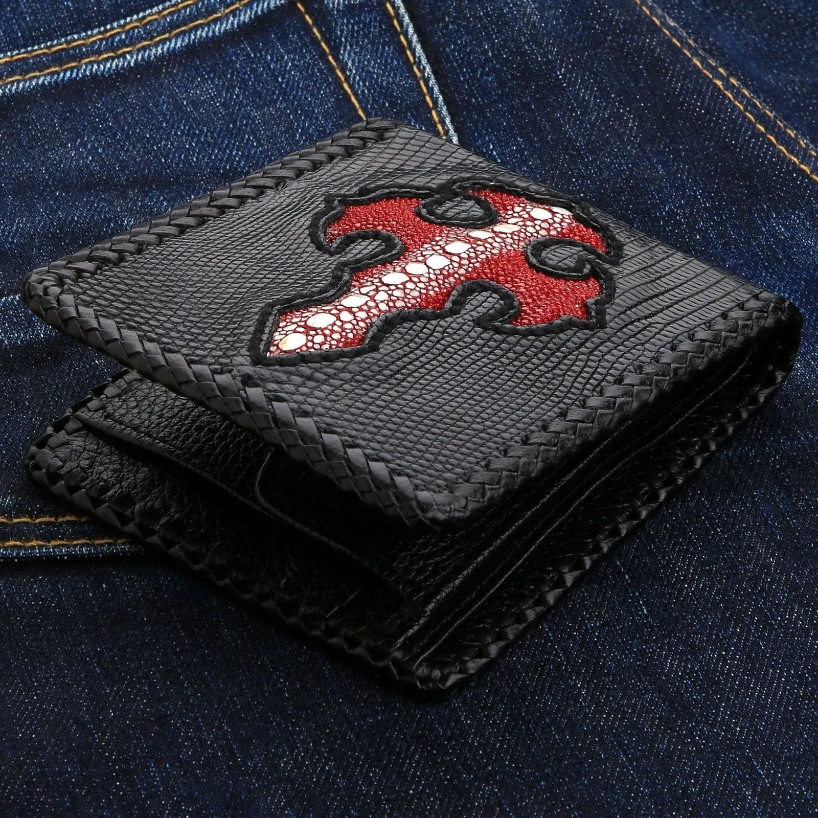 Red Stingray Cross Black Lizard Skin Leather Biker Wallet