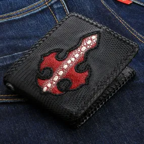 Red Stingray Cross Black Lizard Skin Leather Biker Wallet