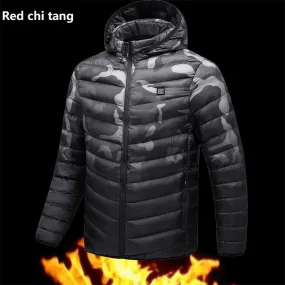 Xituodai Men's Quilted Coats Husband Winter Jacket USB Heated Techwear Hooded Fleece Men Style Outerwear Warm Black Thermal Park